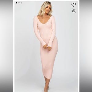 Pink V-Neck Long Sleeve Fitted Maxi Dress